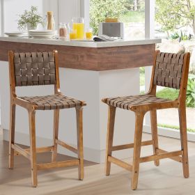 Breathe Leather Woven Counter Height Stool Kitchen Wooden Barstools, 24 inch Seat Height Set of 2