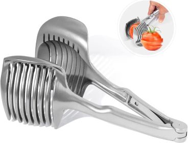 1pc Tomato Slicer Holder; Lemon Cutter; Round Fruits Vegetable Cutting Tools; Handheld Multi Purpose Tongs; Kitchen Gadget (Color: Stainless Steel Silver)