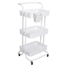 3 Tier Rolling Utility Cart Movable Storage Organizer with Mesh Baskets Lockable Wheels 360 Degree Rotatable Hanging Box Hooks Bedroom Bathroom Kitche (type: 3 Tier, Color: White)